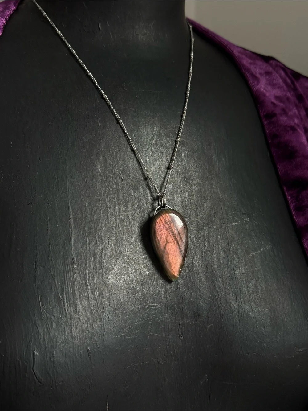 Labradorite Teardrop Pendant Necklace - Rose Flash natural  crystal jewelry